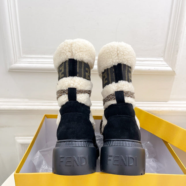 FENDI BOOTS 50MM IN BLACK AND BEIGE SHEARLING AND SUEDE