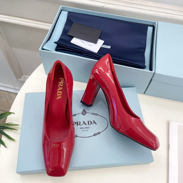 SQUARE TOE HIGH PUMPS IN CRIMSON RED GLOSSY CALFSKIN