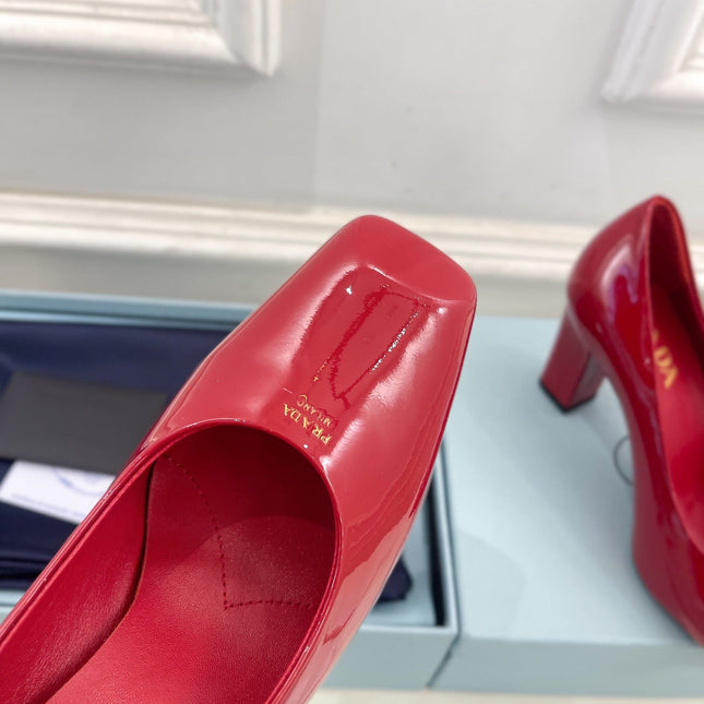 SQUARE TOE HIGH PUMPS IN CRIMSON RED GLOSSY CALFSKIN