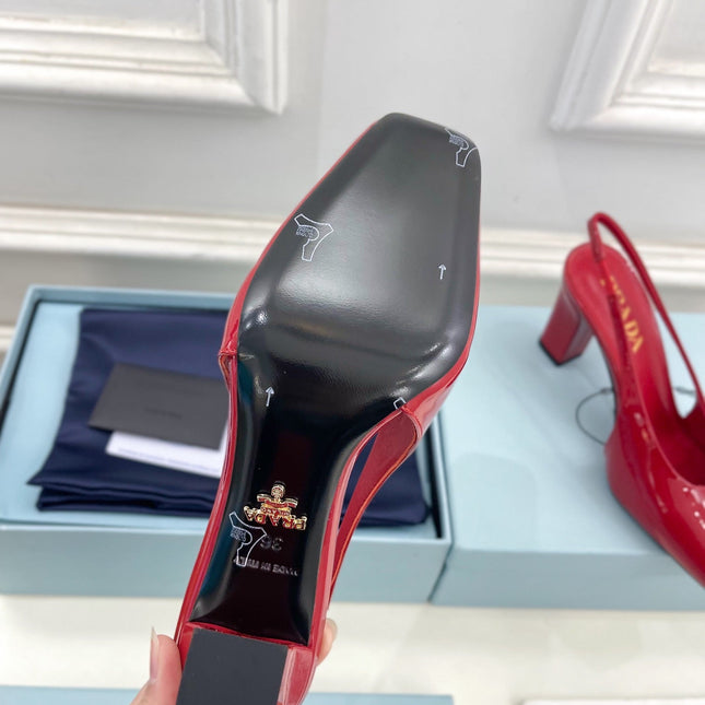 SQUARE TOE SLINGBACK PUMPS IN CRIMSON RED GLOSSY CALFSKIN
