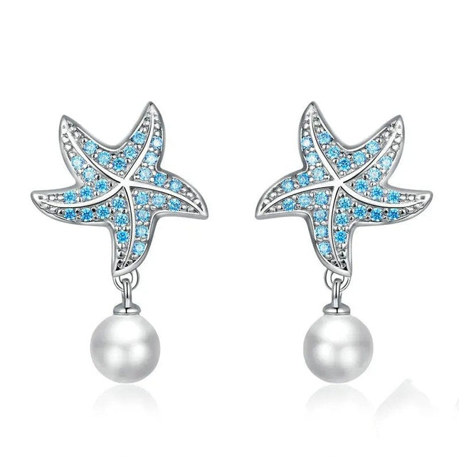 Ocean Blue Zircon Starfish Stud Earrings Shell Pearl Drop Earrings