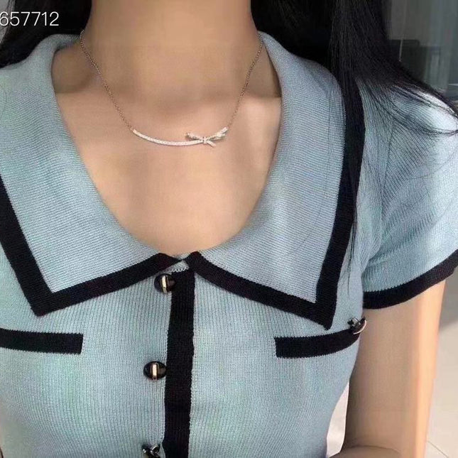 RUBAN BOW IN 18K WHITE GOLD PLATING DIAMOND NECKLACE