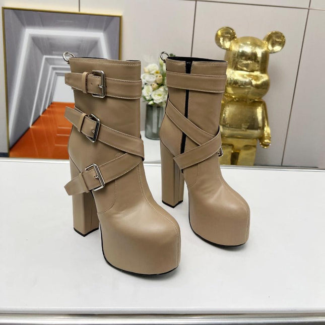 SL ANKLE BUCKLE BOOT PLATFORM TAN CALFSKIN