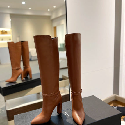 YSL 25S HIGH-HEEL KNEE-HIGH BOOTS 95 MM IN RUST BROWN LAMBSKIN