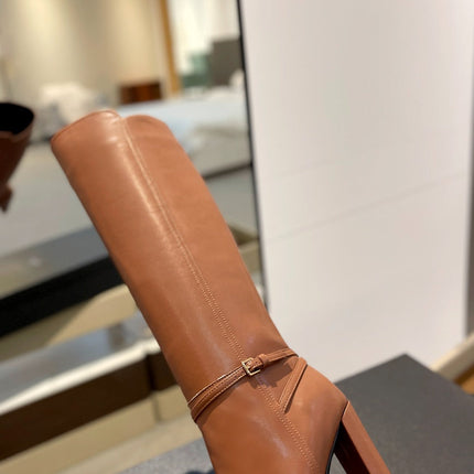 YSL 25S HIGH-HEEL KNEE-HIGH BOOTS 95 MM IN RUST BROWN LAMBSKIN