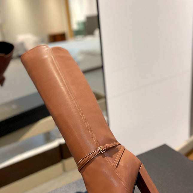 YSL 25S HIGH-HEEL KNEE-HIGH BOOTS 95 MM IN RUST BROWN LAMBSKIN