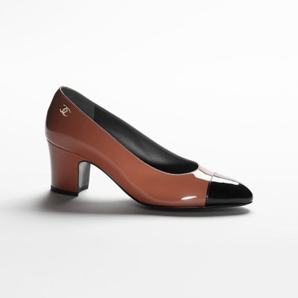 PUMPS LIGHT BROWN BLACK PATENT CALFSKIN