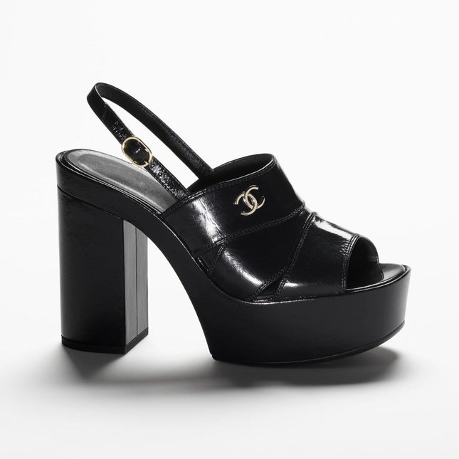 SANDALS BLACK PATENT CRUMPLED LAMBSKIN