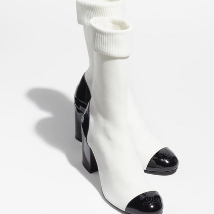 SHORT BOOTS WHITE BLACK KNIT PATENT CALFSKIN