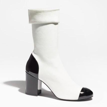 SHORT BOOTS WHITE BLACK KNIT PATENT CALFSKIN