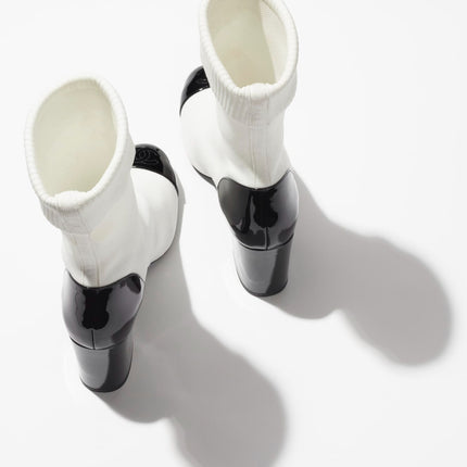 SHORT BOOTS WHITE BLACK KNIT PATENT CALFSKIN