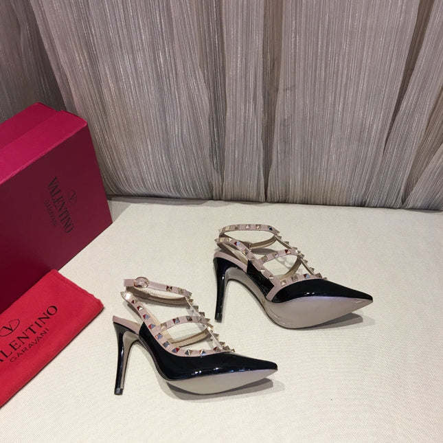 ROCKSTUD CAGED HIGH PUMP IN BLACK MIX LIGHT PINK PATENT CALFSKIN 100 MM