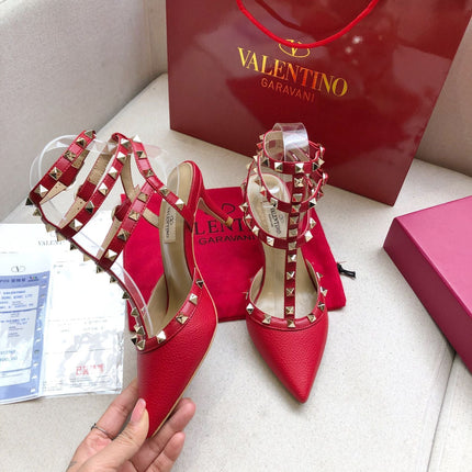 ROCKSTUD RUBY RED METALLIC CALFSKIN ANKLE STRAP HIGH SANDAL