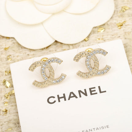 DOUBLE C HALF DIAMONDS GOLD EARRINGS