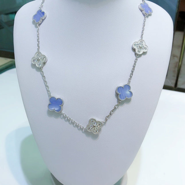 CLOVER 10 MOTIFS CHALCEDONY DIAMONDS SILVER NECKLACE