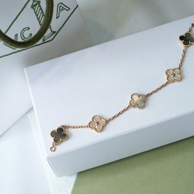 CLOVER 5 MOTIFS DARK MOP AND DIAMONDS PINK GOLD BRACELET