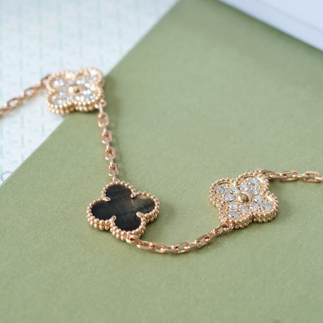 CLOVER 5 MOTIFS DARK MOP AND DIAMONDS PINK GOLD BRACELET