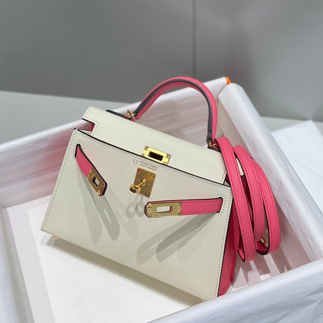 HM KELLY MINI 20 WHITE PINK EPSOM GOLD HARDWARE