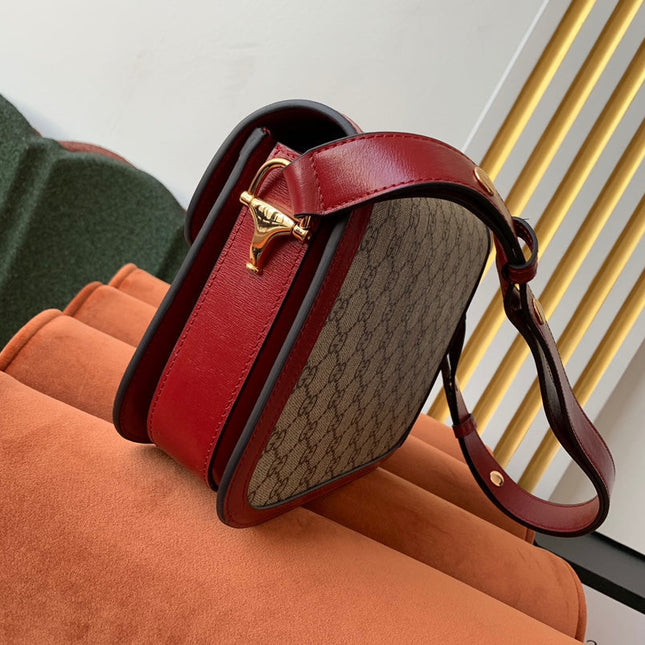 GG 1955 Horsebit Bag 25cm Red Leather Beige Canvas Gold Hardware