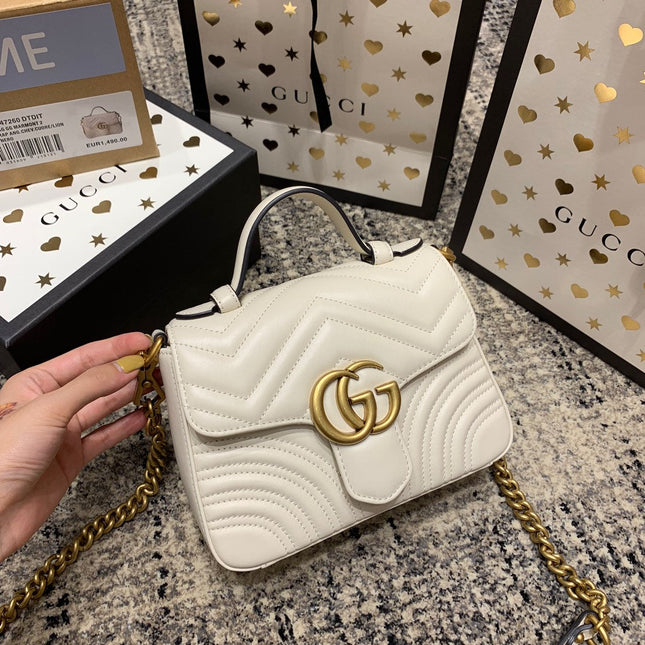 GG Marmont 21cm Mini Top White Calfskin Gold Hardware