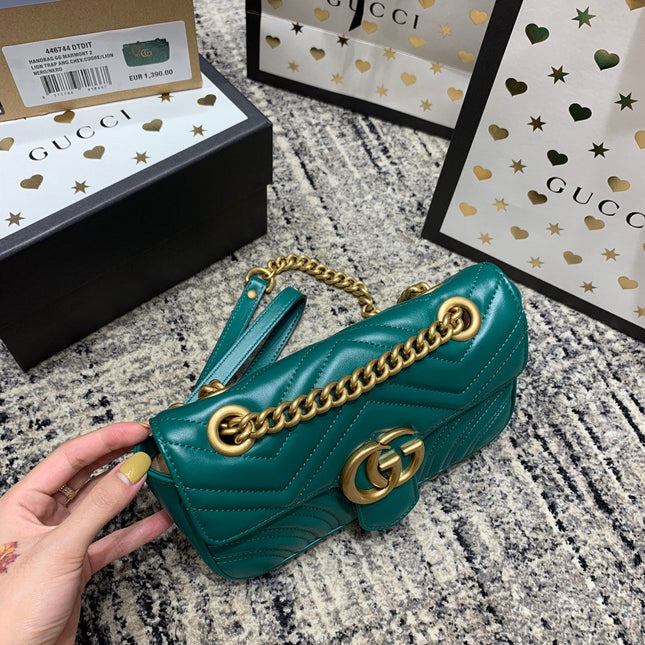 GG Marmont 22cm Turquoise Calfskin Gold Hardware