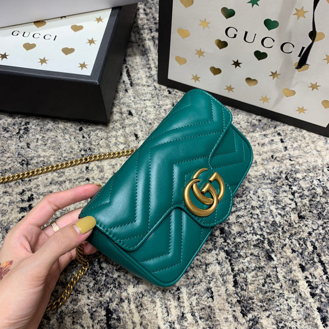 GG Marmont Mini 16.5cm Turquoise Calfskin Gold Hardware