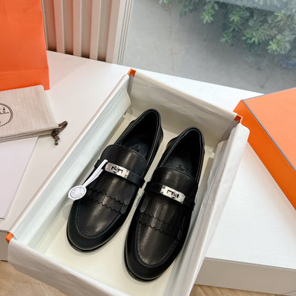 Destin Loafer Black Goatskin with Fringe Detail