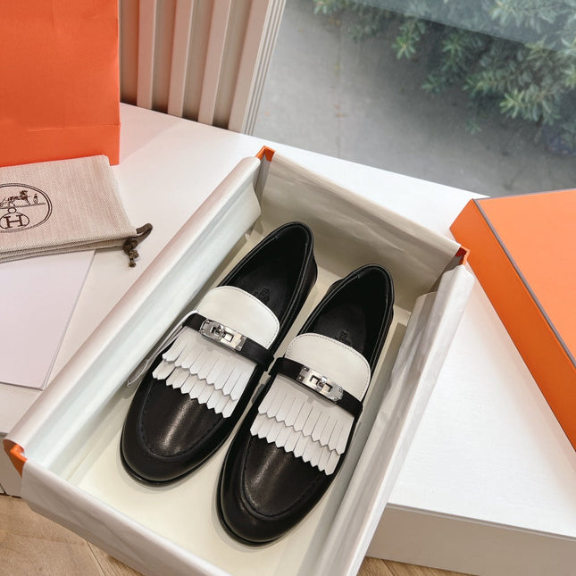 Destin Loafer Black Goatskin with White Fringe Detail