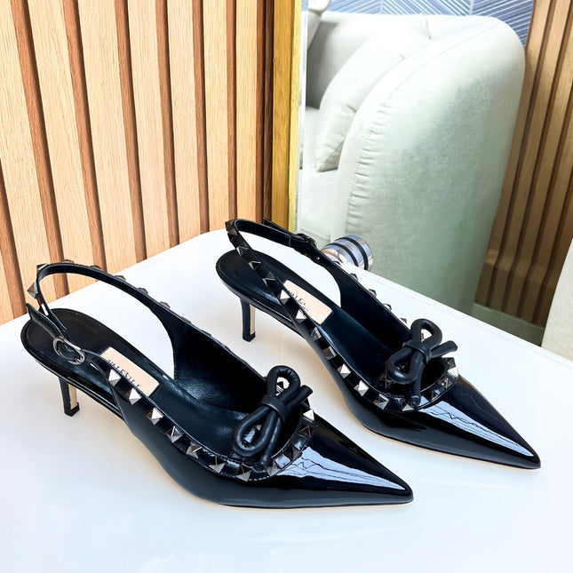 Rockstud Bow Slingback Black Calfskin With Matching Studs