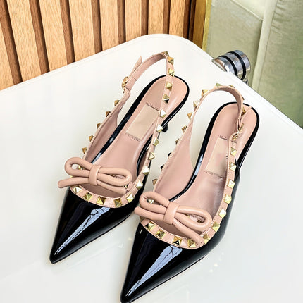 Rockstud Bow Slingback Black and Rose Cannelle Calfskin With Matching Studs