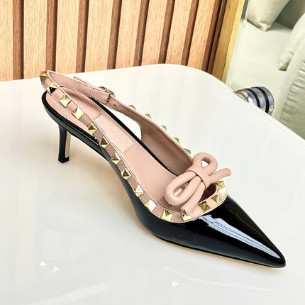 Rockstud Bow Slingback Black and Rose Cannelle Calfskin With Matching Studs