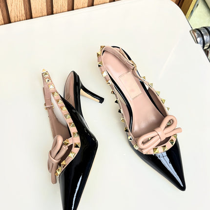 Rockstud Bow Slingback Black and Rose Cannelle Calfskin With Matching Studs